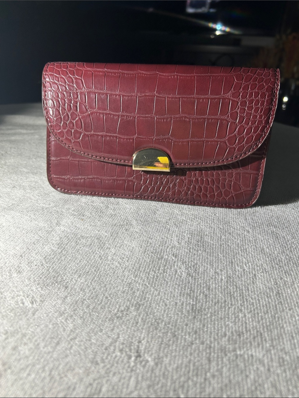 Croc-Embossed Burgundy Leather Clutch with Gold-Tone Clasp